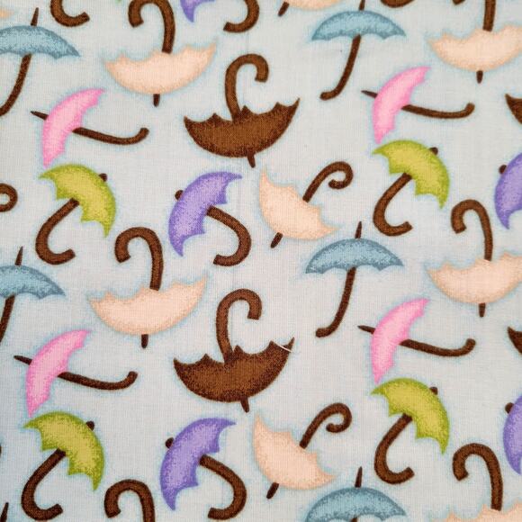 Cotton Fabric Umbrellas Pastel Rain Weather 19" x 44" Blue Pink Green Brown - Picture 1 of 8